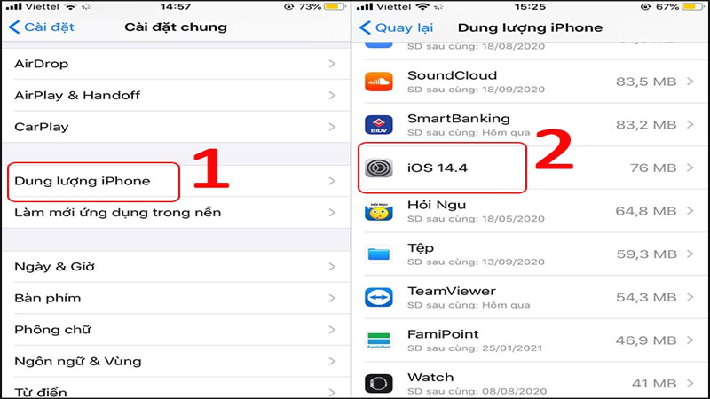 Chọn Dung lượng iPhone > Chọn file cập nhật iOS 14.4 như hình minh họa. 